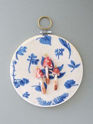Large Cream & Blue linen Embroidery Hoop
